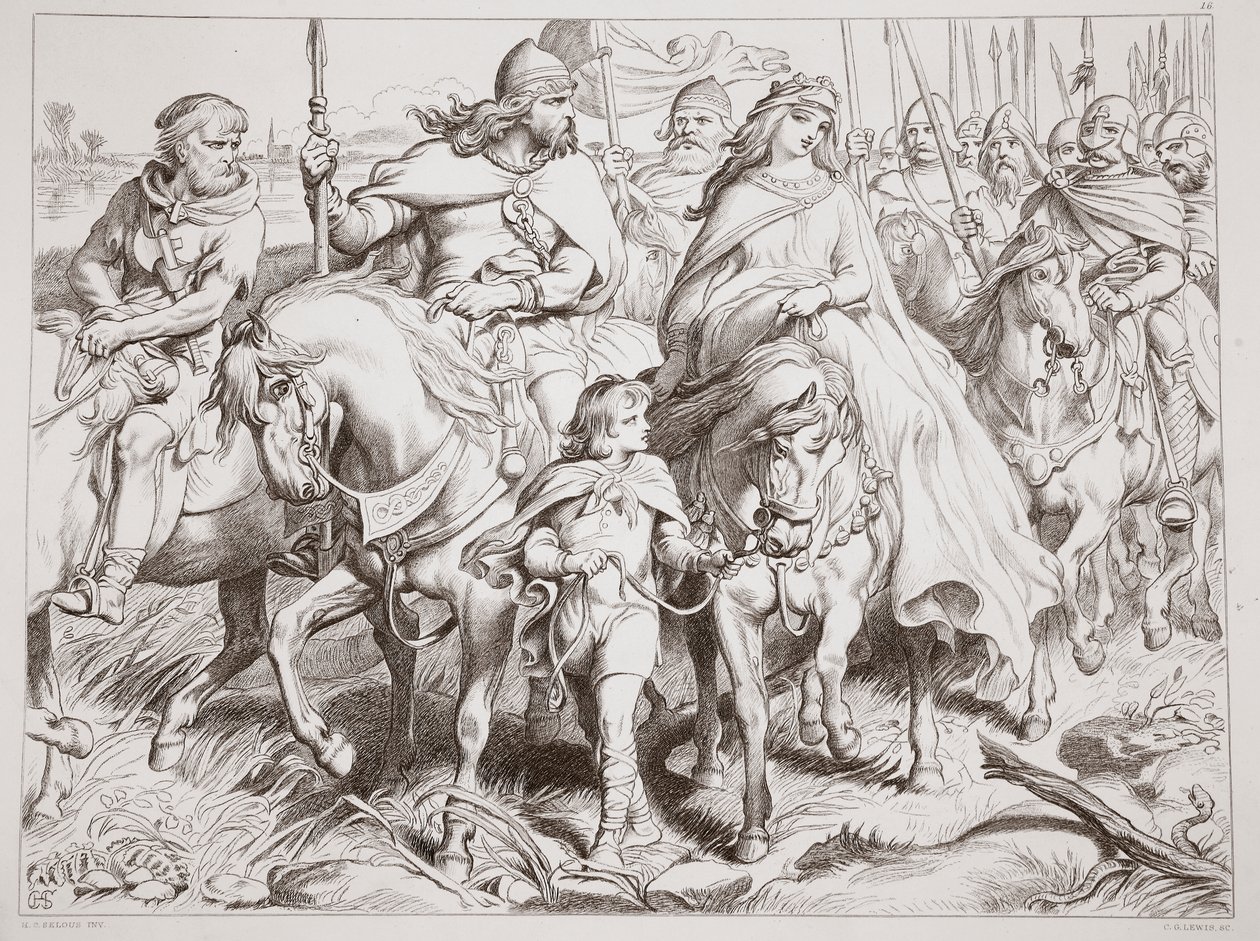 在这里，保护Alftruda到一个安全的地方，来自Hereward the Great的插图来自Charles Kingsley，酒吧。 1870年，由CG刘易斯雕刻（钢板雕刻） 作者 亨利·考特尼·塞卢斯