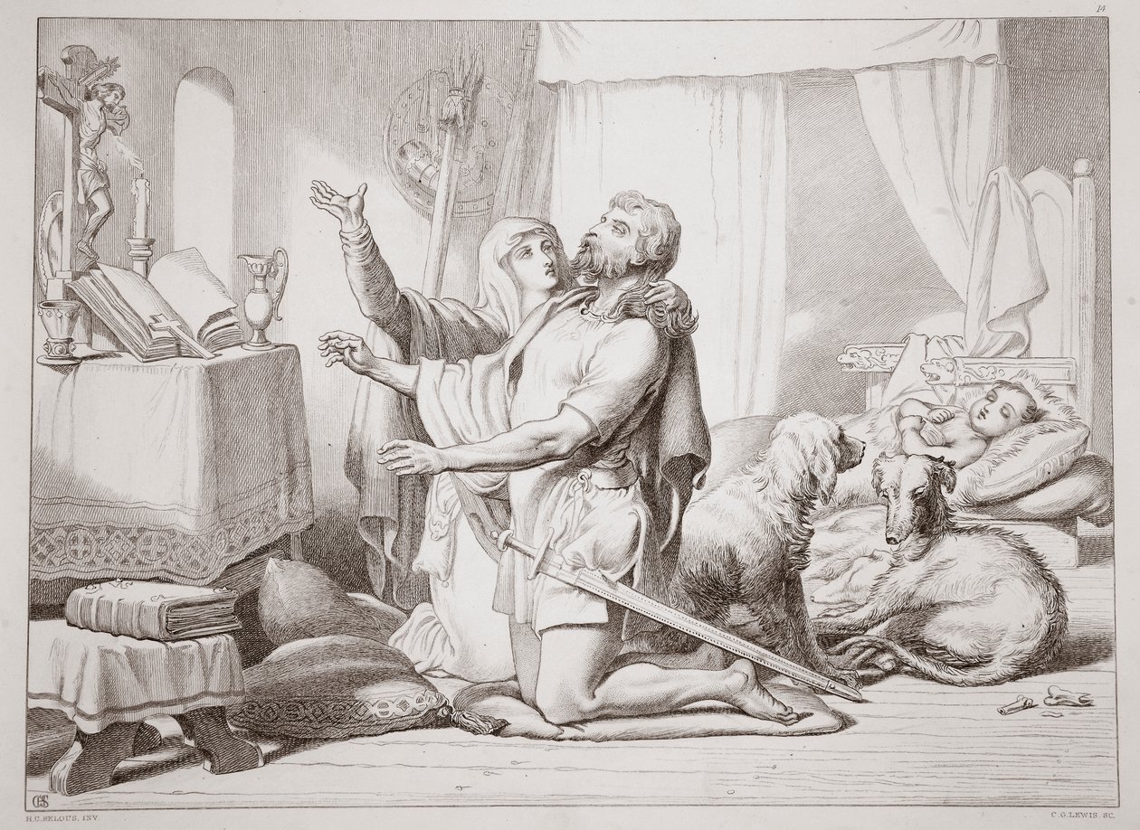 Torfrida如何教导向下祈祷，来自Hereward the Great的插图来自查尔斯金斯利，酒吧。 1870年，由CG刘易斯雕刻（钢板雕刻） 作者 亨利·考特尼·塞卢斯
