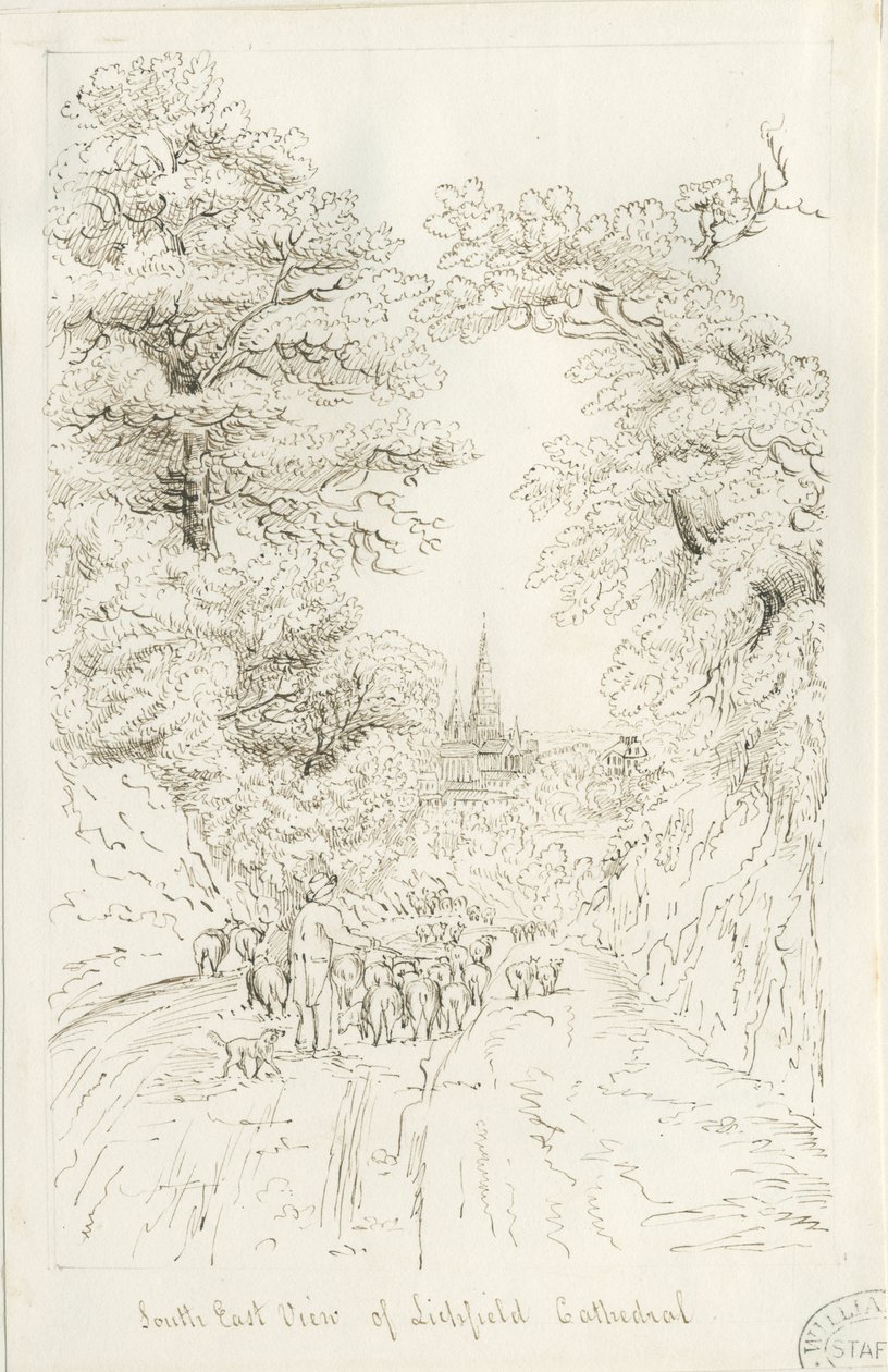 利奇菲尔德大教堂-东南视图（远处）：钢笔画，nd [19th cent]（画图） 作者 亨利·柯曾·奥尔波特