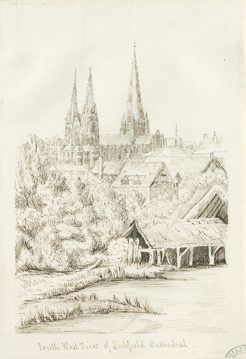 利奇菲尔德大教堂-西南景观：钢笔画，nd [？1788-1855]（画图） 作者 亨利·柯曾·奥尔波特