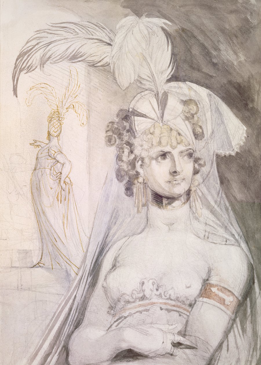 有羽毛的妓女，她头发上的蝴蝶结和面纱，1800-10（铅笔，卫生纸和墨水在纸上）的半身像 作者 约翰·海因里希·富斯里