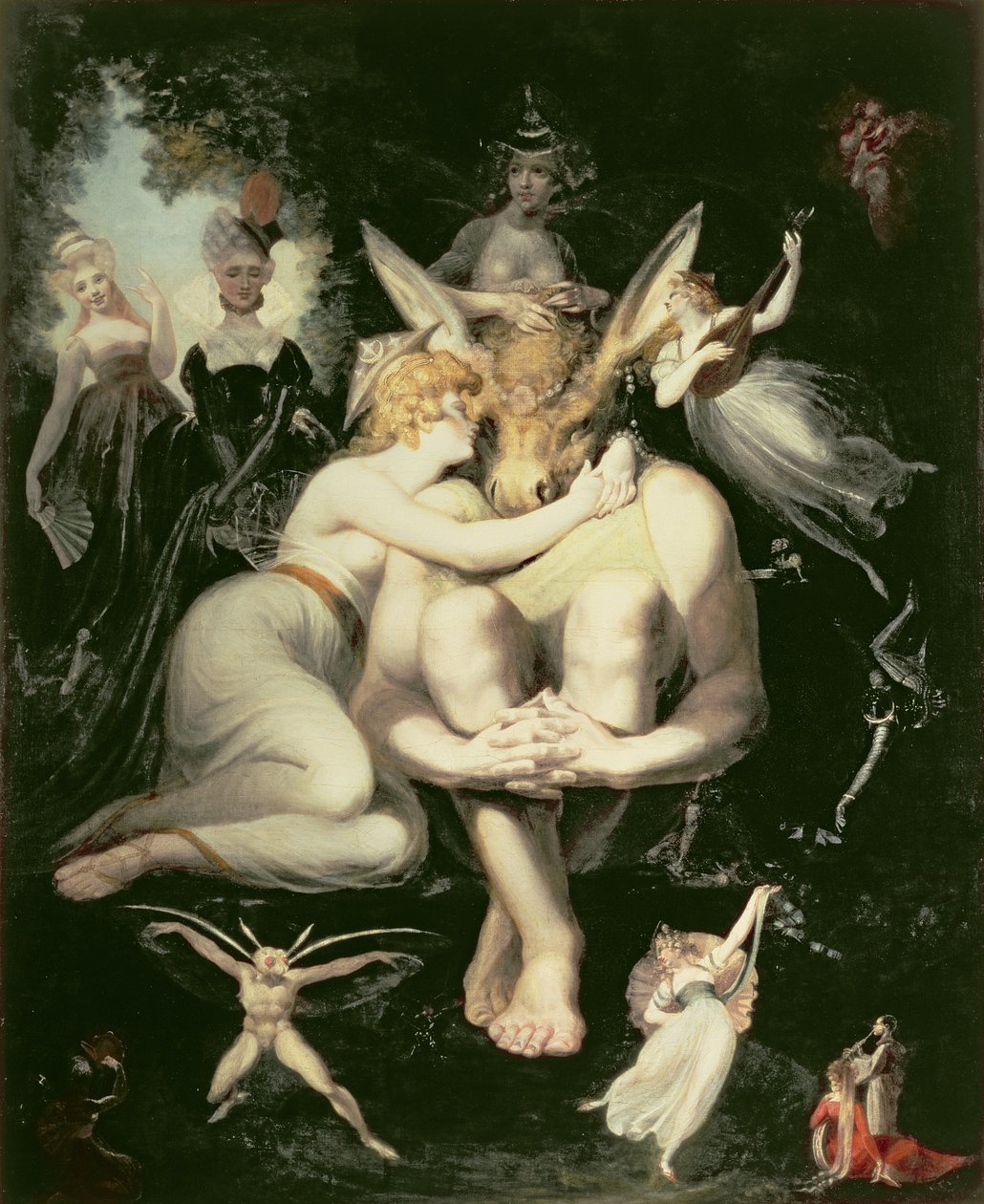 Titania Awakes，被服务员仙女包围，依旧紧紧地抱着底部，仍然戴着屁股头，1793-4 作者 约翰·海因里希·富斯里