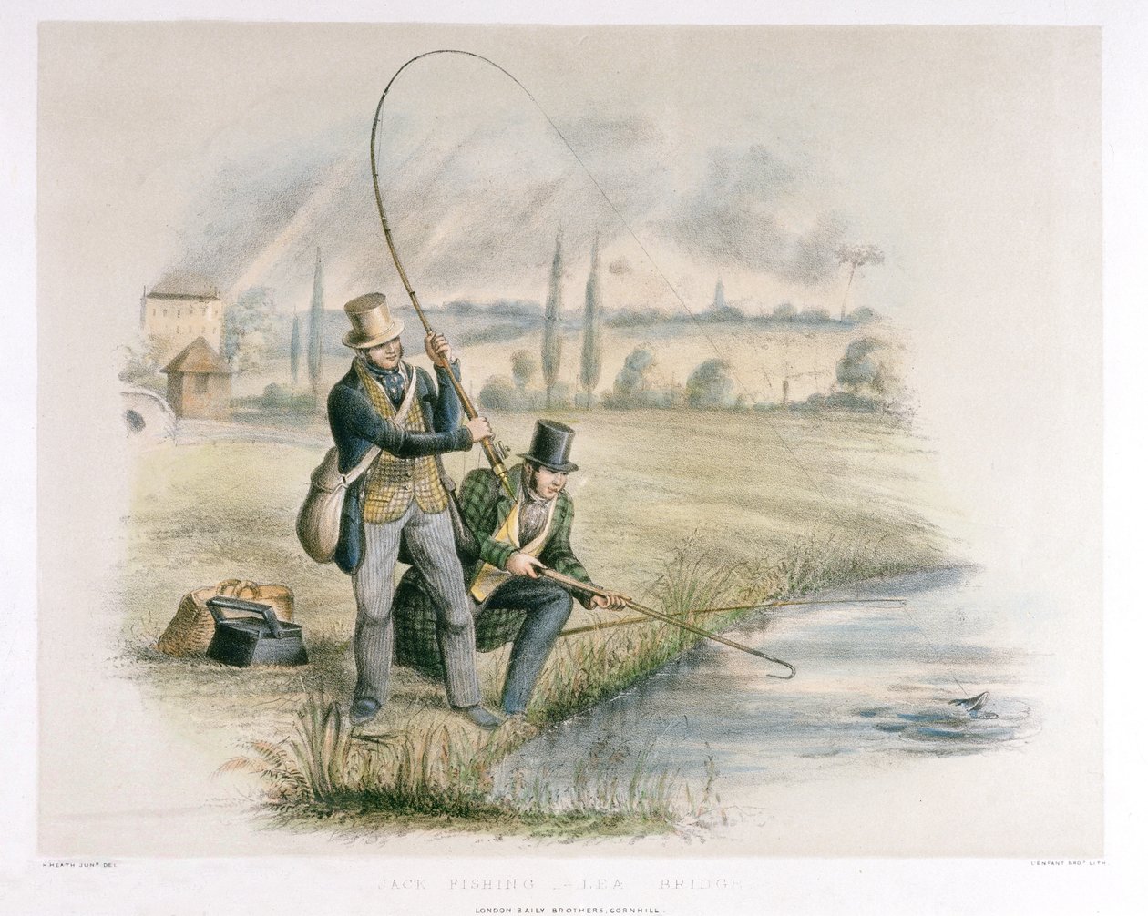 杰克·费希尔（Lea Bridge）的杰克·菲什（Jack Fishing），摘自“钓鱼”（手工染色的石版画）的六幅图像 作者 亨利·希思