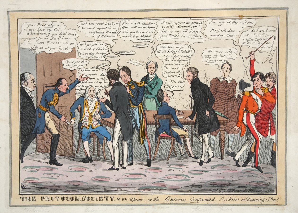 喧嚣的议定书协会，或与会者混淆。酒吧唐宁街的素描。 1831年（手工彩色雕刻） 作者 亨利·希思