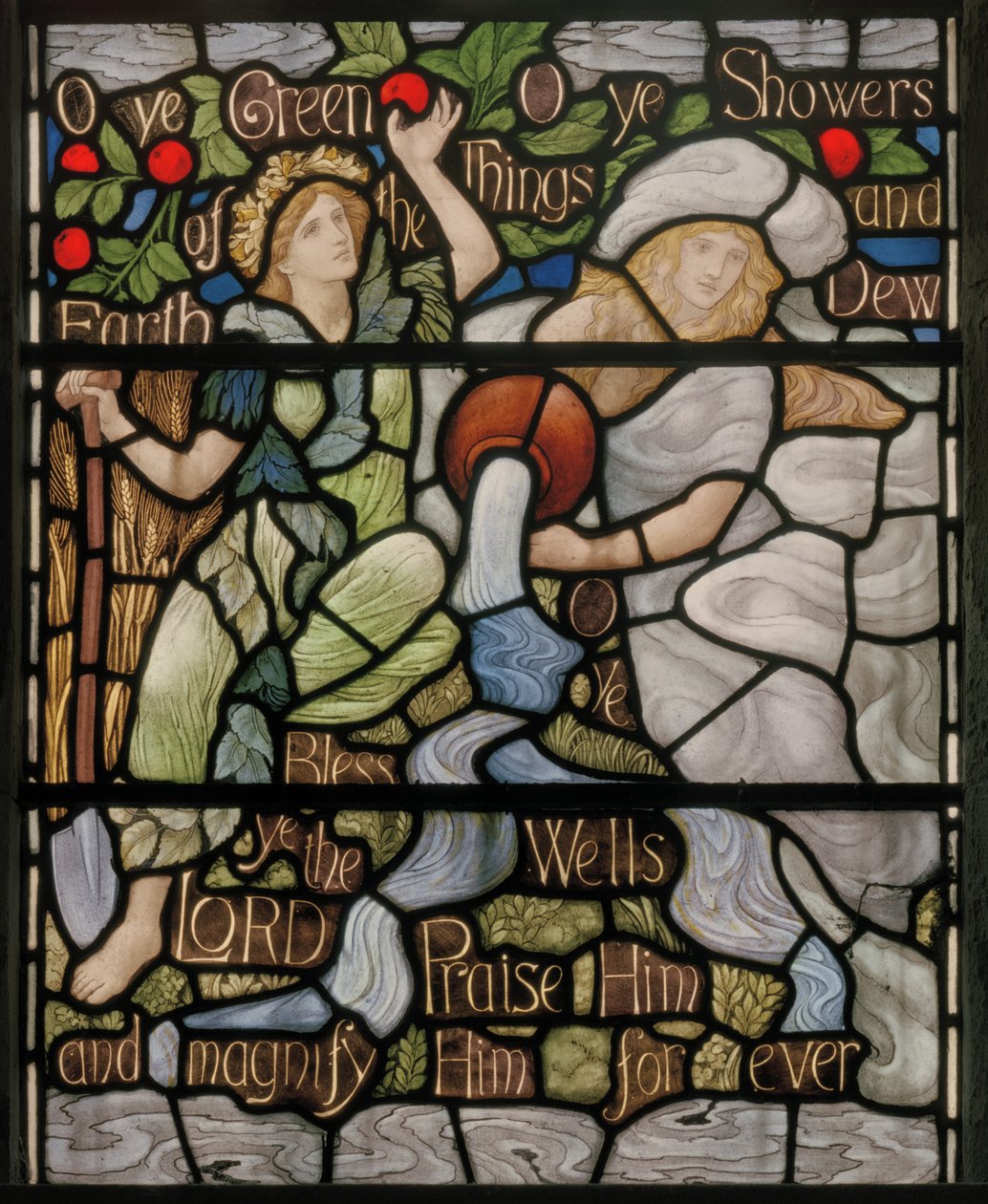 O Ye Green Things，Benedicite Window detail，c.1895（彩色玻璃） 作者 亨利·假日