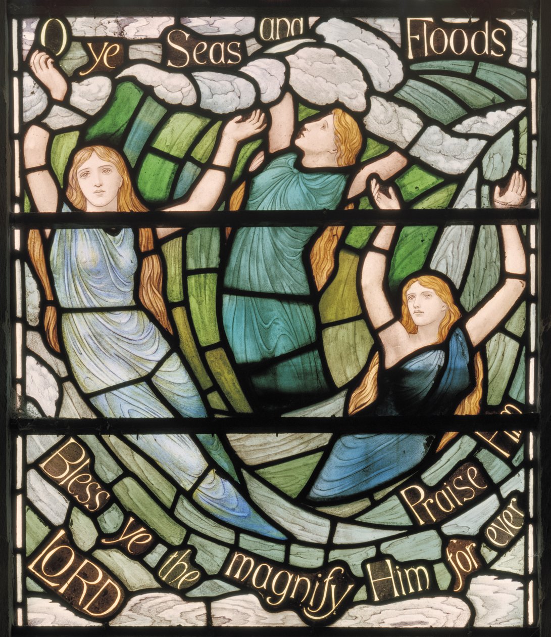 O Ye Seas＆Floods，Benedicite Window detail，c.1895（彩色玻璃） 作者 亨利·假日