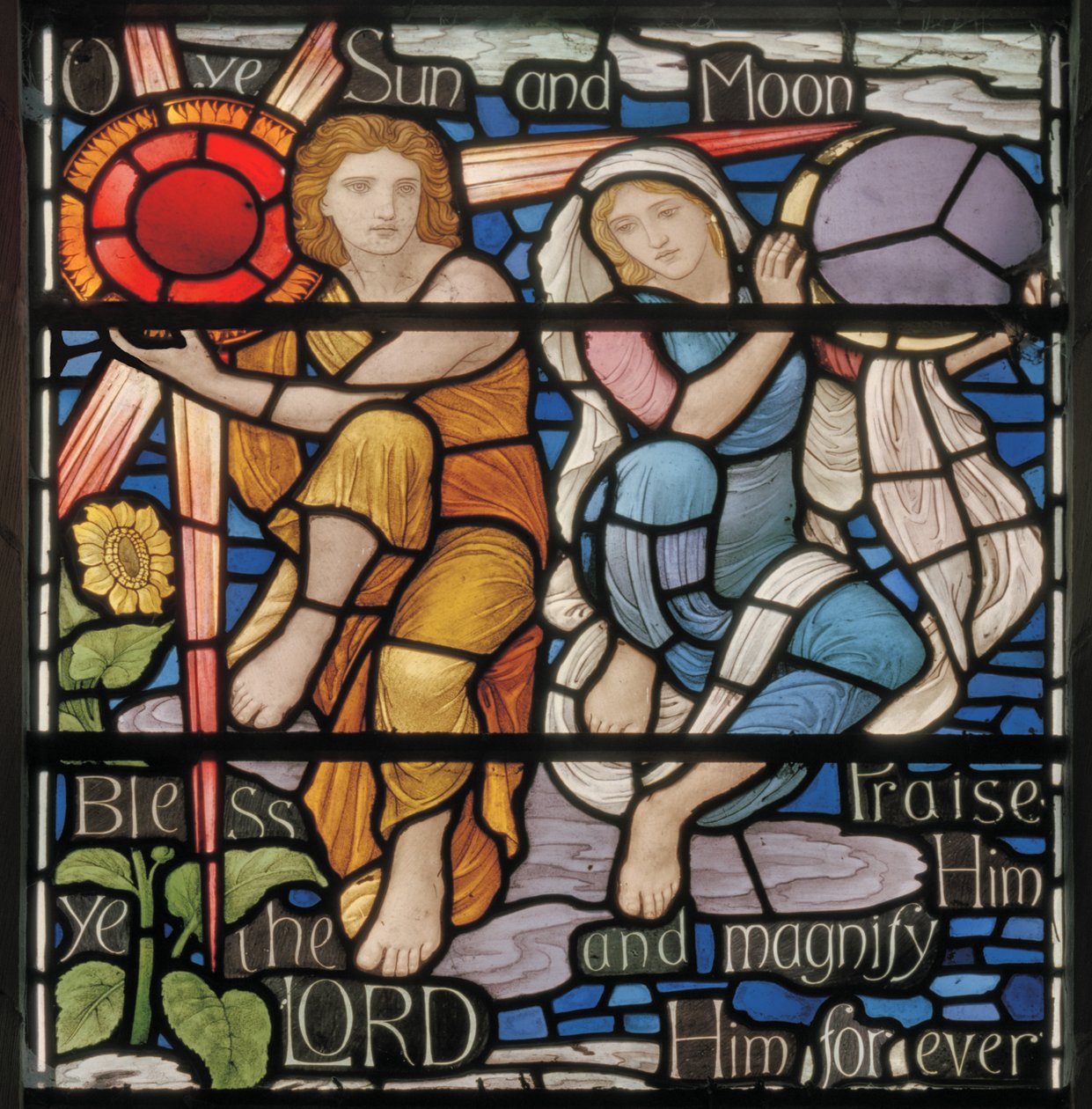 O Ye Sun＆Moon，Benedicite Window detail，c.1895（彩色玻璃） 作者 亨利·假日