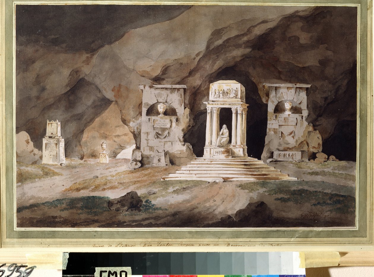 “Un cimetiere”（旧墓地） 亨利·哈德菲尔德（Henry Hudfield，18 世纪）水彩画剧院装饰，1790 年 莫斯科奥斯坦金诺博物馆皇宫剧院 作者 亨利·哈德菲尔德