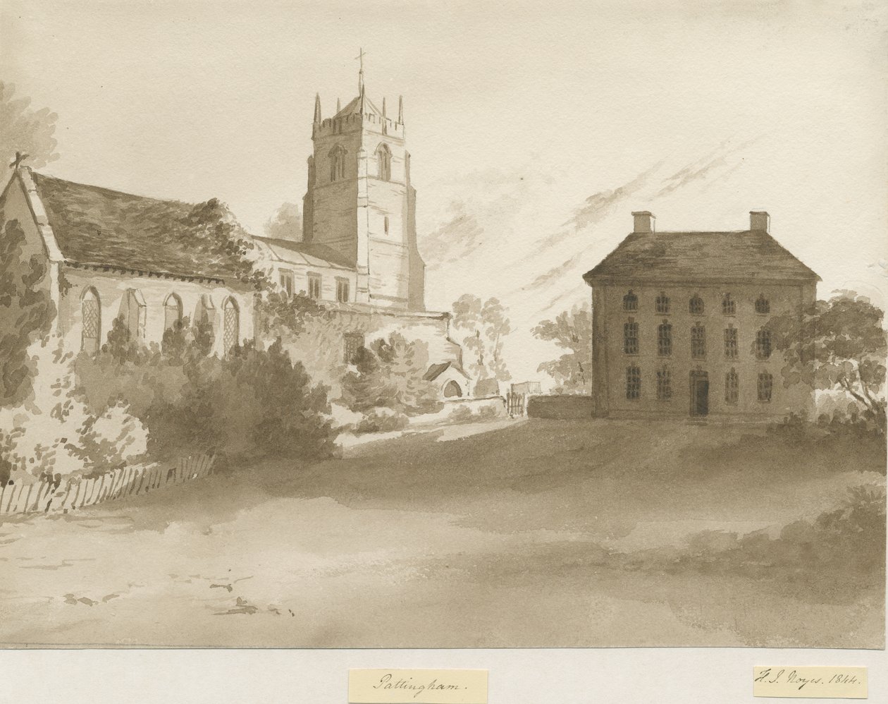 Pattingham教堂和牧师之家：棕褐色水墨画，1844年 作者 亨利·詹姆斯·诺伊斯