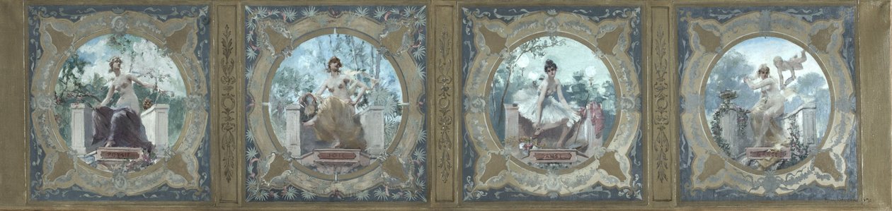 巴黎市政厅 Lobau 画廊草图：诗歌。欢乐。La Danse.La Grace，1890 年（布面油画） 作者 亨利·让·路易·布罗