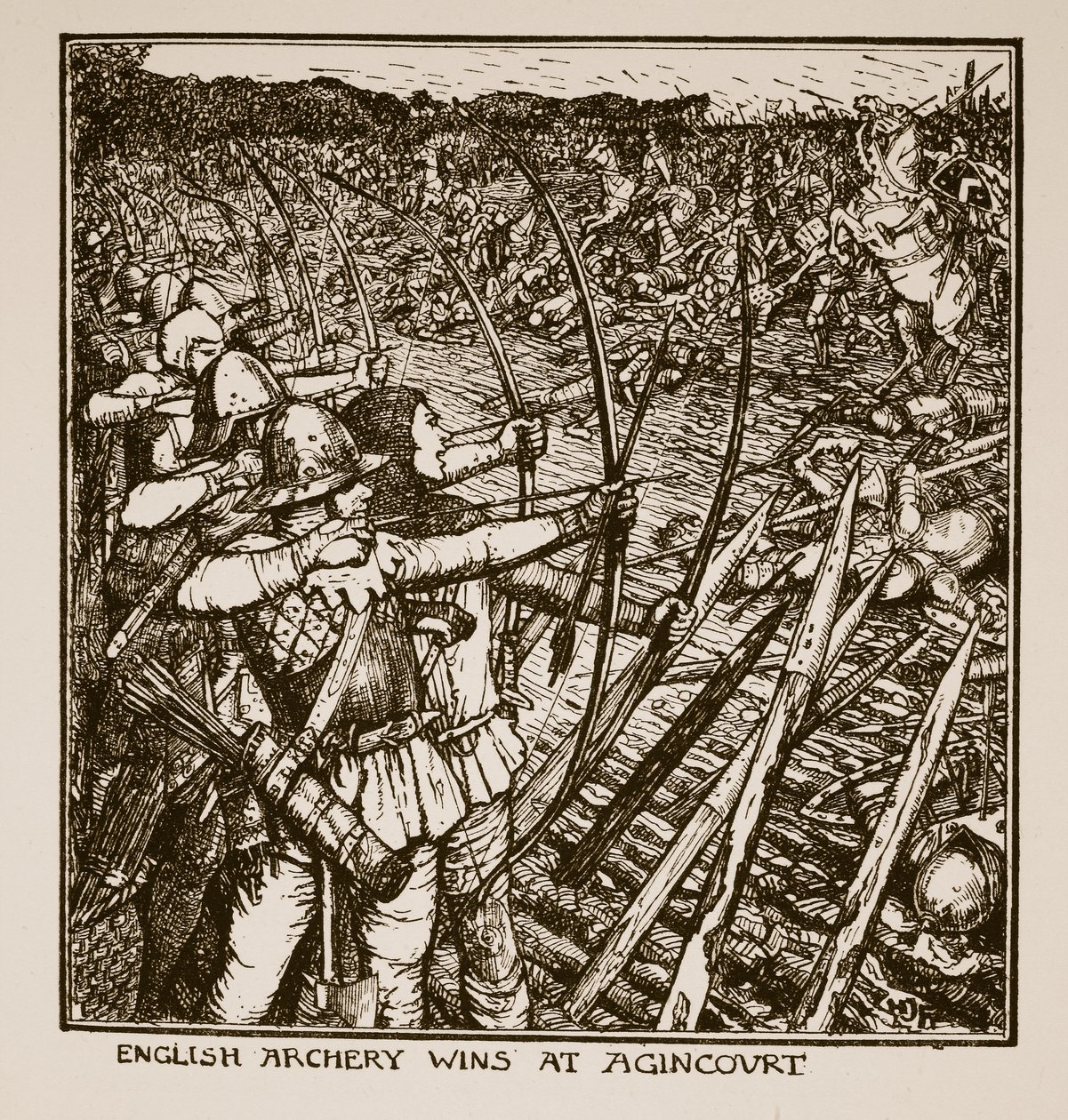 英国射箭在Agincourt获胜，来自CRL Fletcher和Rudyard Kipling的“英国历史”插图，1911年 作者 亨利·正义·福特