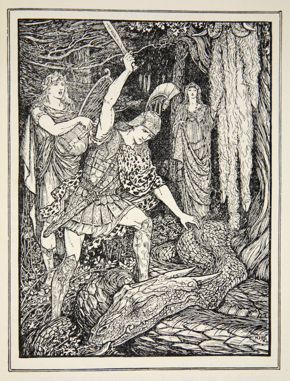 从1926年安德鲁·朗（Andrew Lang）的“希腊海洋传说”（The Tales of the Greek Seas）中看到了保护金羊毛的蛇是如何被杀的（墨水在纸上） 作者 亨利·正义·福特