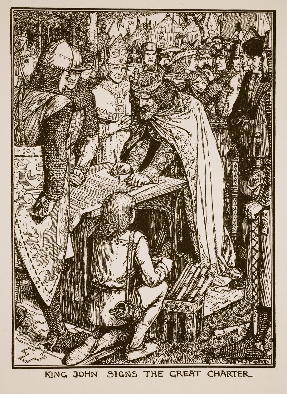 约翰国王演唱了大宪章，由CRL Fletcher和Rudyard Kipling撰写的“英国历史”插图，1911年 作者 亨利·正义·福特