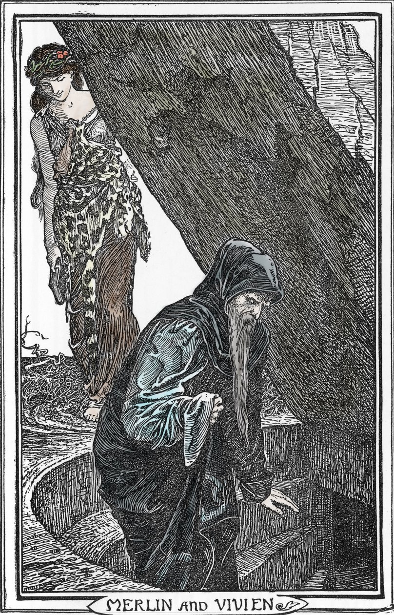 魔法师梅林和费-薇薇安（Merlin anc Vivien）的代表作 亨利-贾斯特（HJ）-福特（1860-1941 年）的插图，选自《浪漫之书》，1902 年 珍藏版 作者 亨利·正义·福特