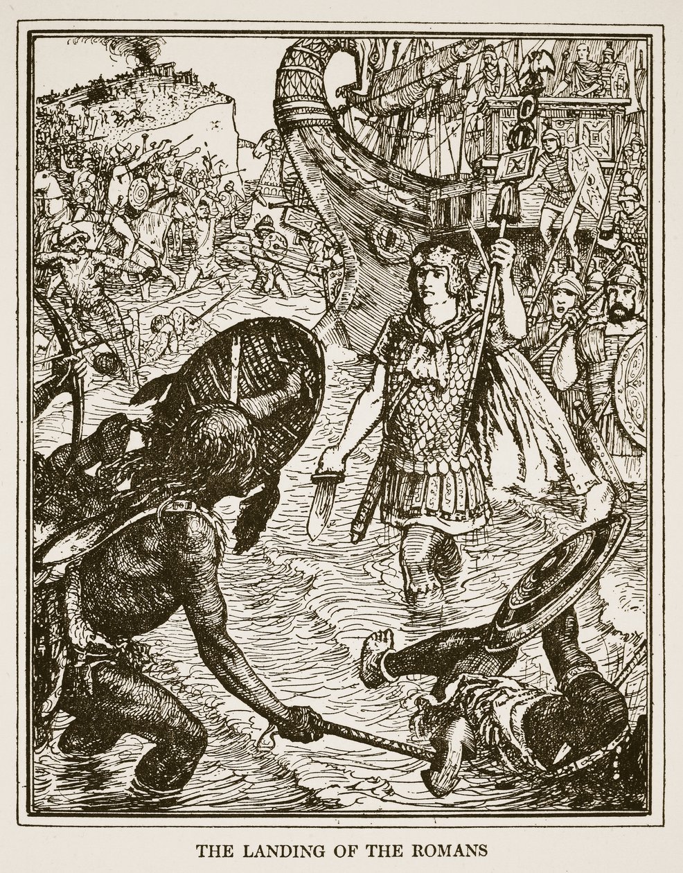 罗马人的登陆，来自CRL Fletcher和Rudyard Kipling的“英国历史”插图，1911年 作者 亨利·正义·福特