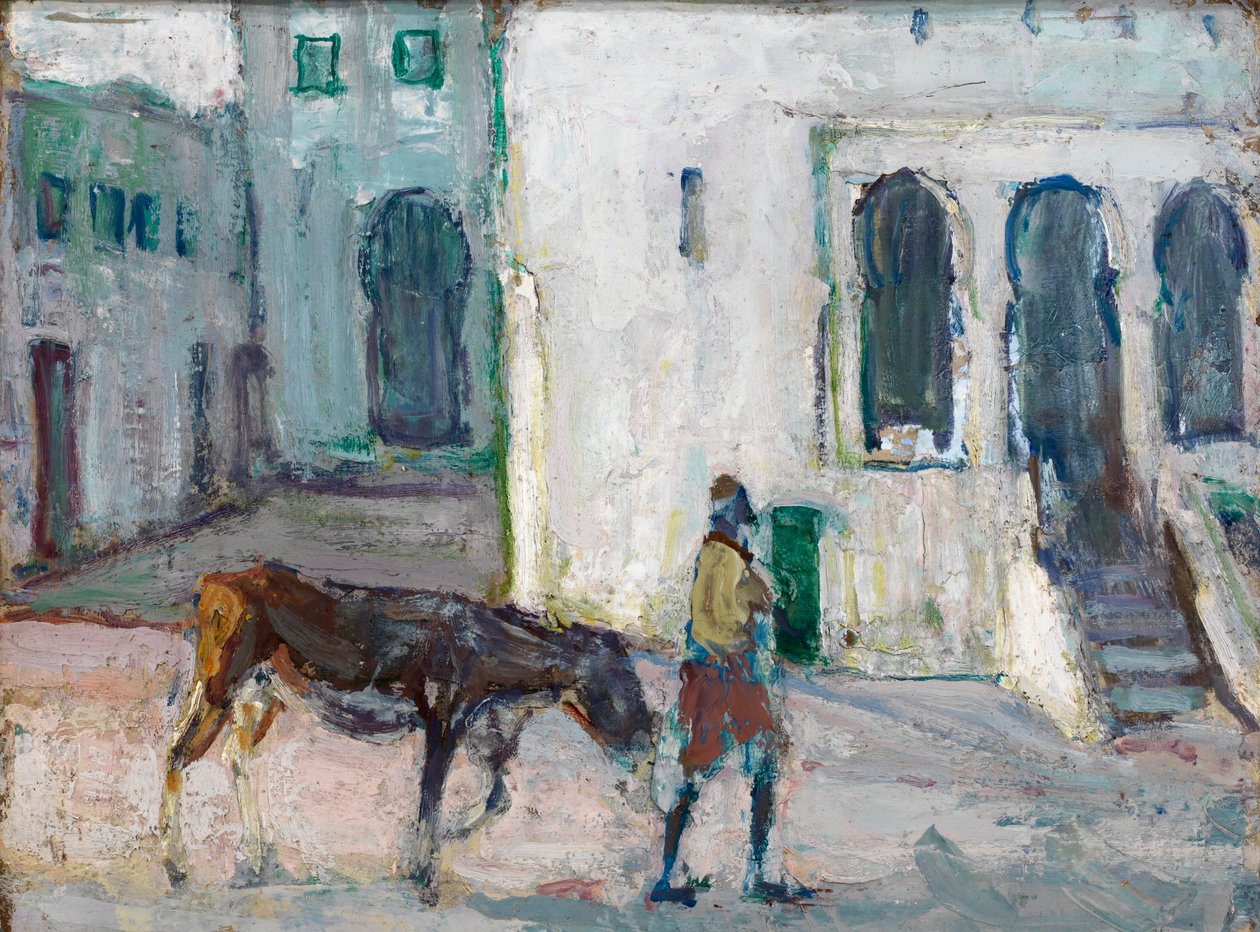 街景，丹吉尔人牵着小牛，约1910年。 作者 亨利·奥萨瓦·坦纳