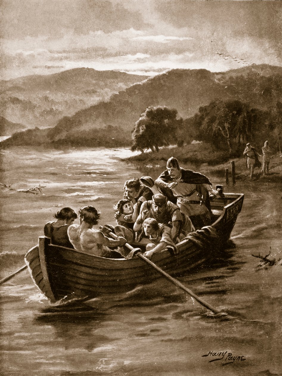 Elfwald的儿子们在温德米尔淹死，插图来自“哈钦森的英国民族故事”，c.1920 作者 亨利·佩恩