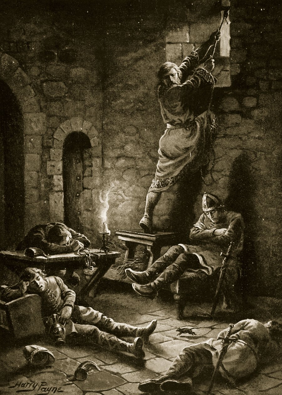 Ralph Flambard逃离塔楼，插图来自&39;哈钦森的英国民族故事&39;，c.1920 作者 亨利·佩恩