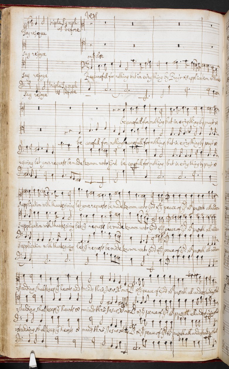 珀塞尔亲笔签名的《常在主里喜乐》乐谱，R.M.20.h.8，f.38v，约 1680-90 年（纸上钢笔和墨水） 作者 亨利·珀塞尔