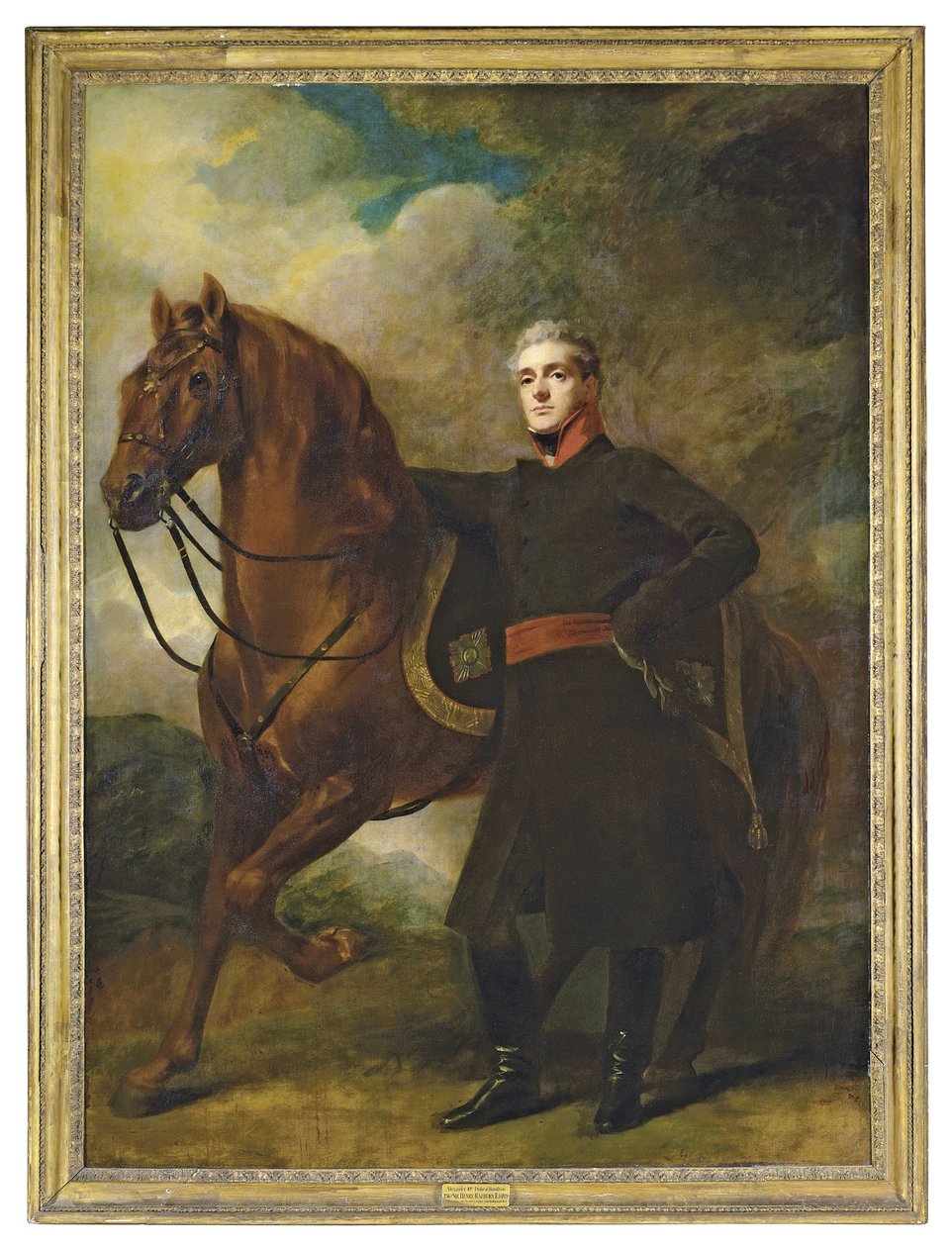 亚历山大·道格拉斯·汉密尔顿（Alexander Douglas-Hamilton），汉密尔顿第十公爵和布兰登第七公爵的肖像，全长，穿着制服，带有阿拉伯充电器，在风景中 作者 亨利·雷本
