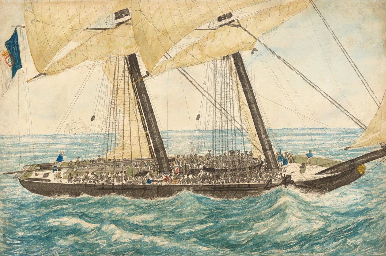 1838年5月，葡萄牙奴隶主Diligenté号被H.M. Sloop Pearl捕获，船上有600名奴隶。 作者 亨利·塞缪尔·霍克