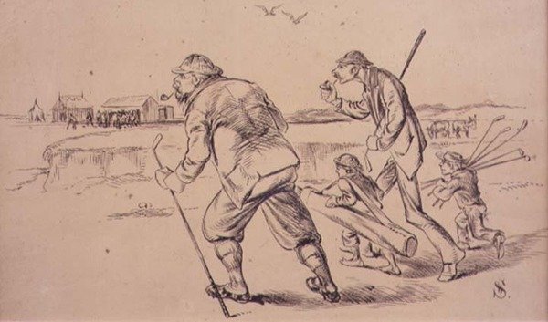高尔夫球员在海滩上练习，来自《Graphic》杂志的插图，约1870年出版（平版）。 作者 亨利·桑德考克