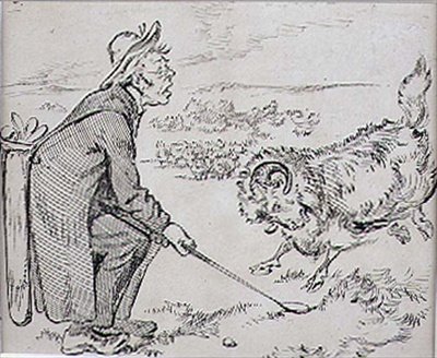 惊讶的高尔夫球手，来自《图形》杂志的插图，约1870年出版（平版）。 作者 亨利·桑德考克