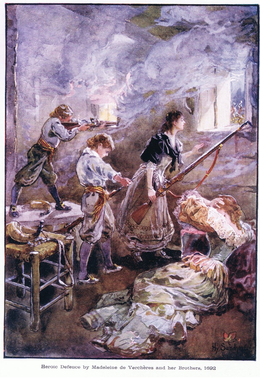 Madeleine de Vercheres和她的兄弟1692年，c.1920的英雄防御 作者 亨利·桑德姆（Henry Sandham）