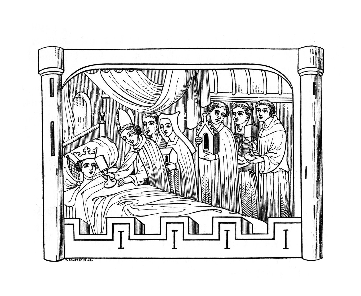 法国国王菲利普·奥古斯特（Philip Auguste）的长子路易（Louis）病倒在床上，病于1191年，1843年。 作者 亨利·肖
