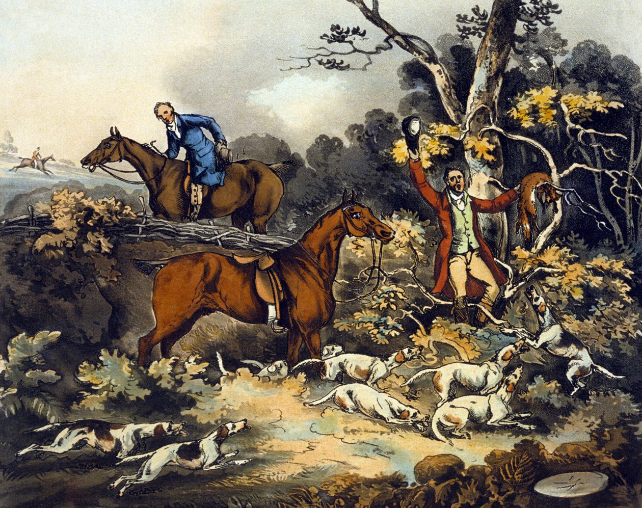 The Death，来自“Fox Hunting”，由 Thomas Sutherland (1785-1838) 雕刻，1817 年（彩色石版画） 作者 亨利·托马斯（之后）阿尔肯