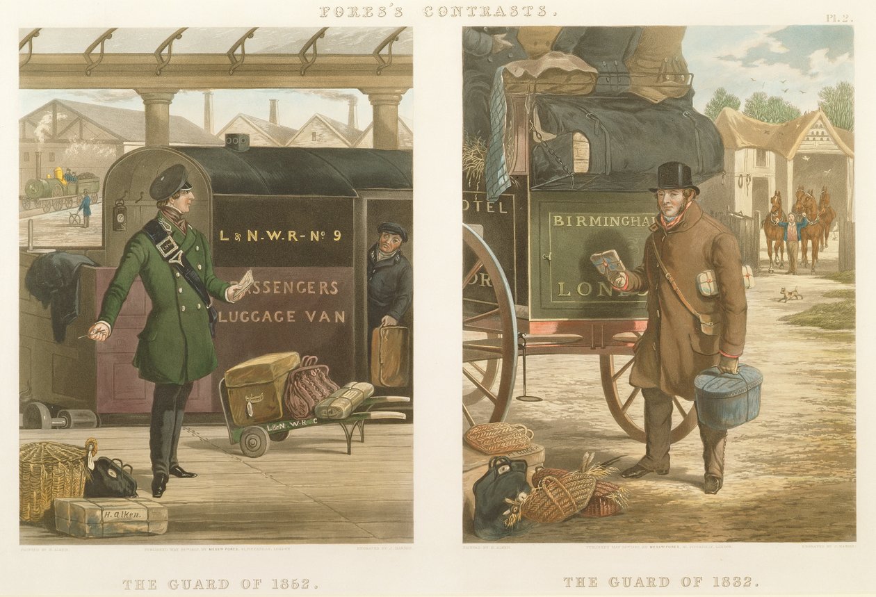 Fore的对比：1832年的卫兵，1852年的卫兵，由John Harris（1811-65）1852年刻（手工彩色的aquatint） 作者 亨利·托马斯·阿尔肯