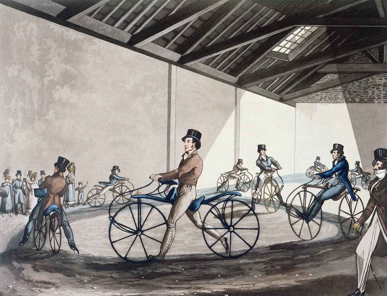 约翰逊的行人木马骑术学校，1819年（彩色光刻） 作者 亨利·托马斯·阿尔肯