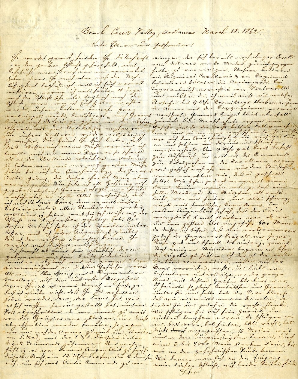 1862年3月18日，阿肯色州刷溪谷，署名亨利[Henry Voelkner]致其父母、兄弟和姐妹的信。 作者 亨利·沃克纳