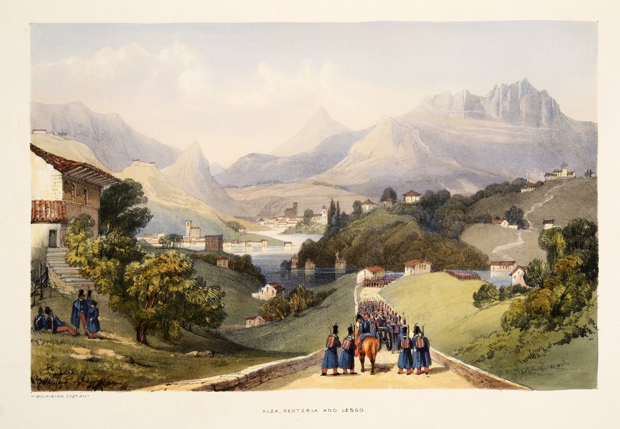 Alza，Renteria和Lezo，来自西班牙巴斯克省的风景画，有各种民族音乐......，酒吧。 1838年（手工彩色雕刻） 作者 亨利·威尔金森