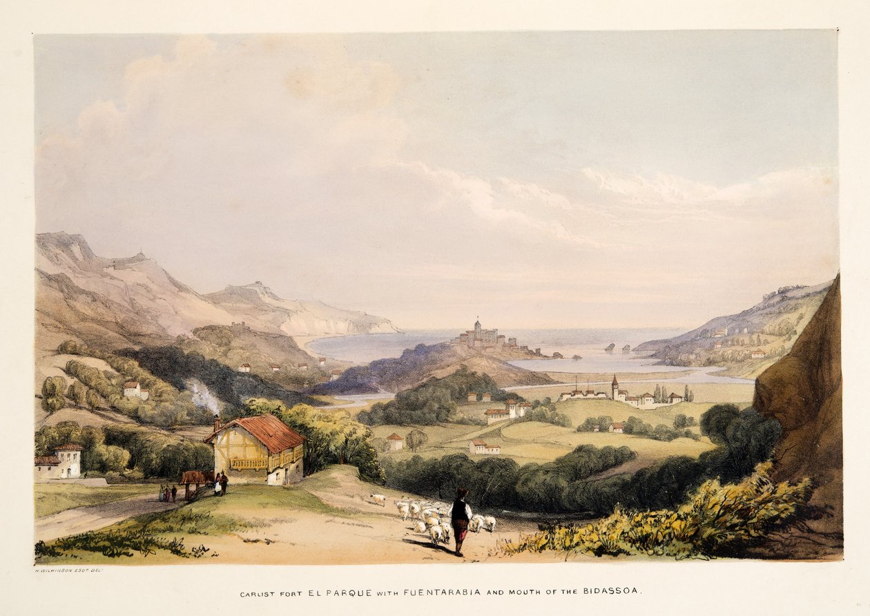 Carlist Fort，El Parque，Fontarabia和Bidassoa的嘴，来自西班牙巴斯克省的风景草图，有各种民族音乐？，酒吧。 1838年（手工彩色雕刻） 作者 亨利·威尔金森