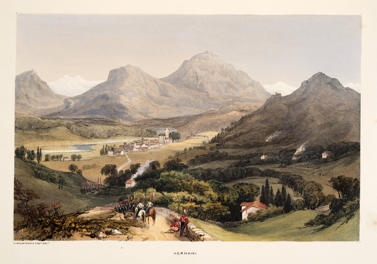 Hernani，来自西班牙巴斯克省的风景草图，精选民族音乐……，酒吧。 1838（手工彩色雕刻） 作者 亨利·威尔金森