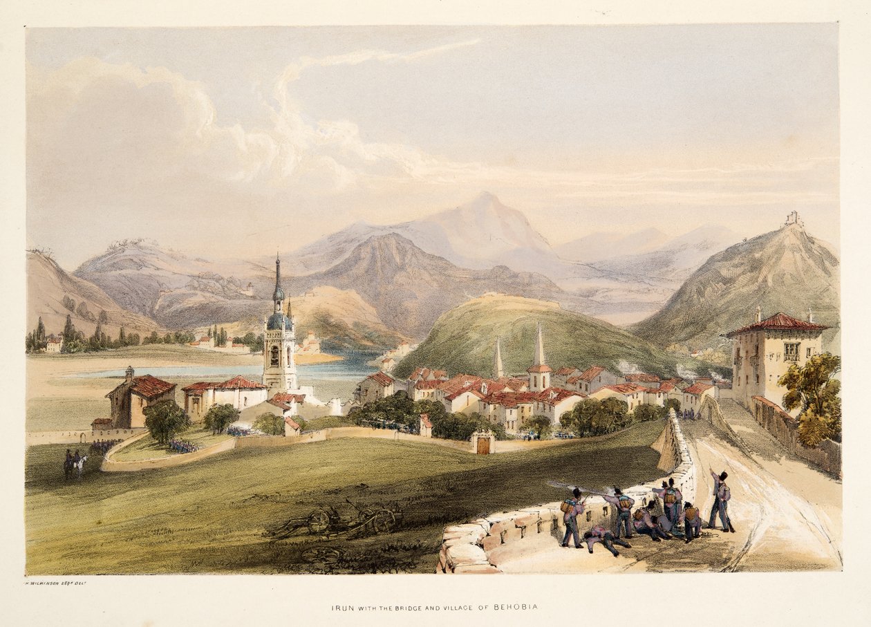 Irun，Mount San Martial和Capauchinos桥，来自西班牙巴斯克省的风景画，有各种民族音乐，酒吧。 1838年（手工彩色雕刻） 作者 亨利·威尔金森