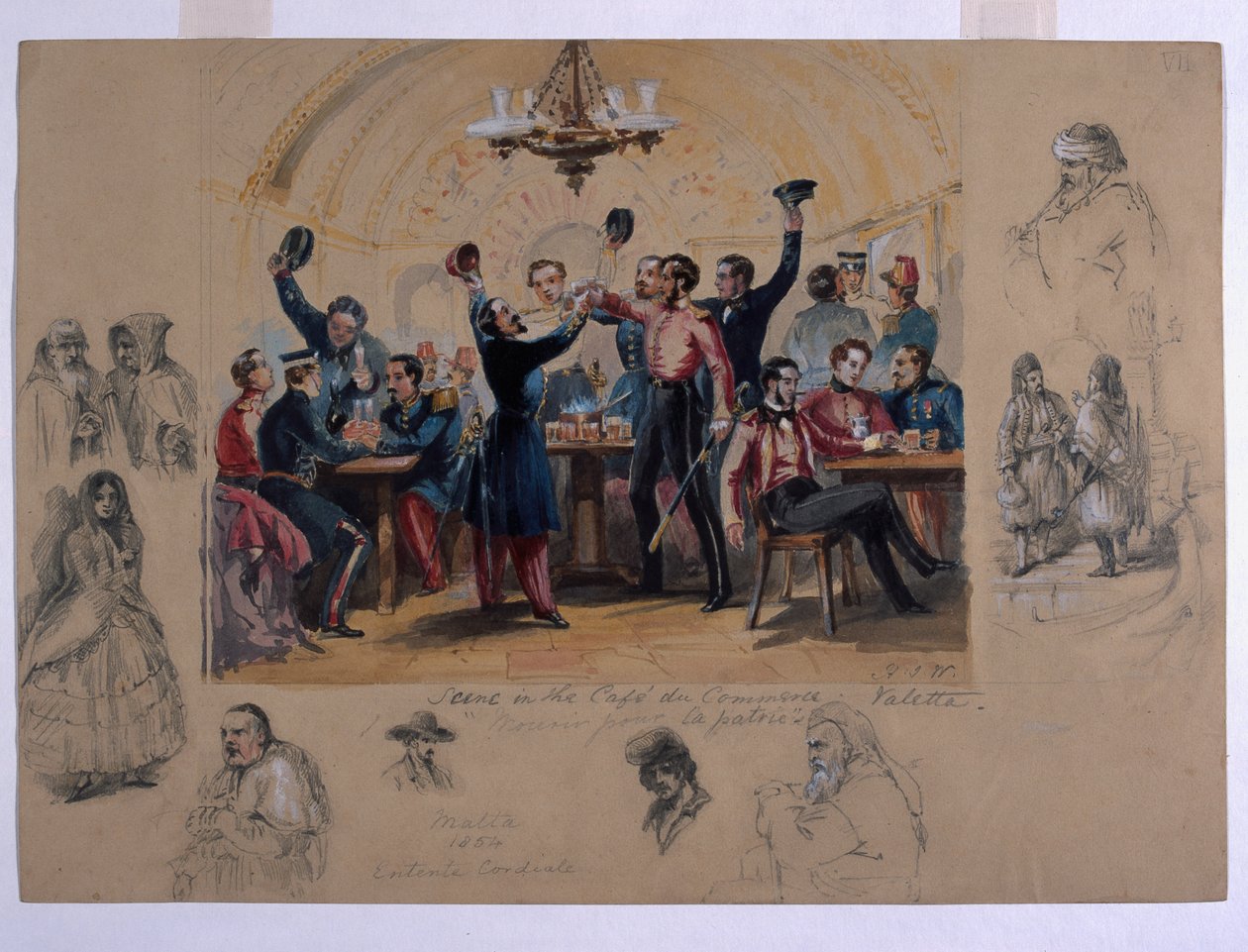 Cafe du Commerce Valetta的场景，&39;为祖国而死&39;，马耳他，1854年（wc und pencil on paper） 作者 亨利·威尔金森
