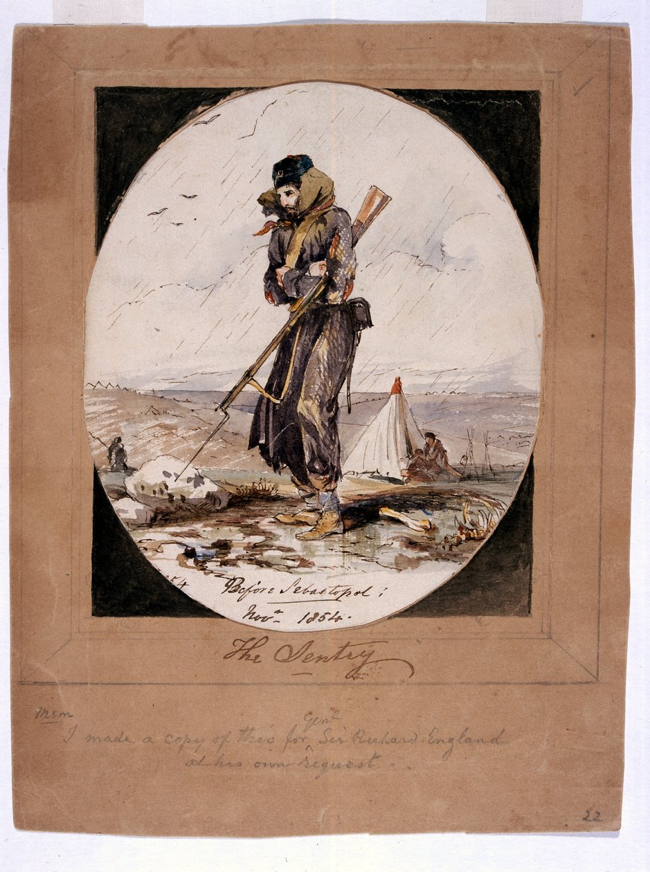 哨兵，在塞瓦斯托波尔之前，1854年（笔和墨水在纸上写着） 作者 亨利·威尔金森