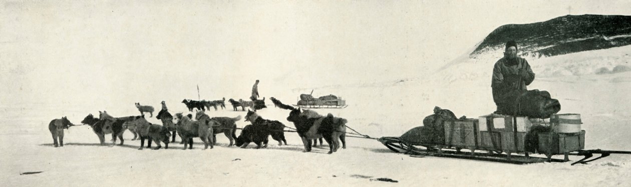 Meares和Demetri及其狗队离开小屋，c1911，1913年 作者 赫伯特·庞廷