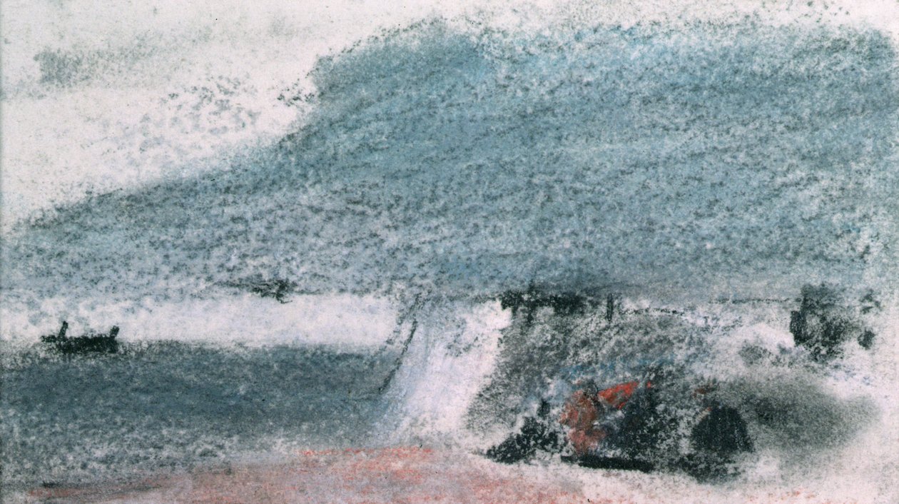 海岸风光，悬崖和靠近岸边的船（水彩画） 作者 大力神布拉巴松布拉巴松