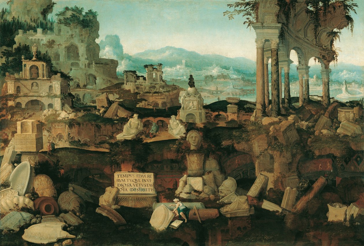 与罗马废墟的风景，1536年 作者 赫尔曼·波胡斯（Herman Posthumus）