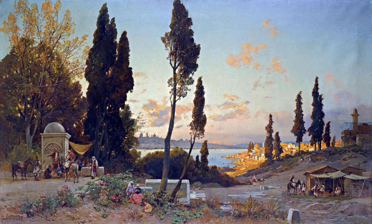 Vue du Bosphore a Constantinople - Peinture de Hermann David Salomon Corrodi (1844-1905), orientalisme - 君士坦丁堡博斯普鲁斯海峡两岸风景 - Hermann David Salomon Corrodi (1844-1905) 的布面油画 - 100x166.5 厘米 - 私人收藏 作者 赫尔曼·大卫·所罗门·科罗迪