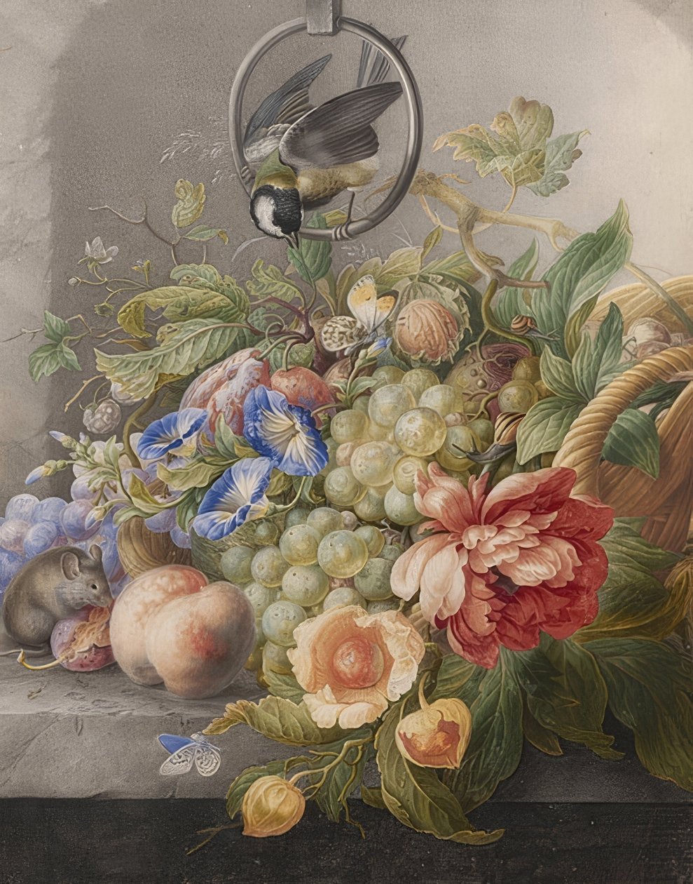 花静物，水果，大山雀和老鼠。约于1700-10年 作者 赫尔曼·亨斯滕伯格