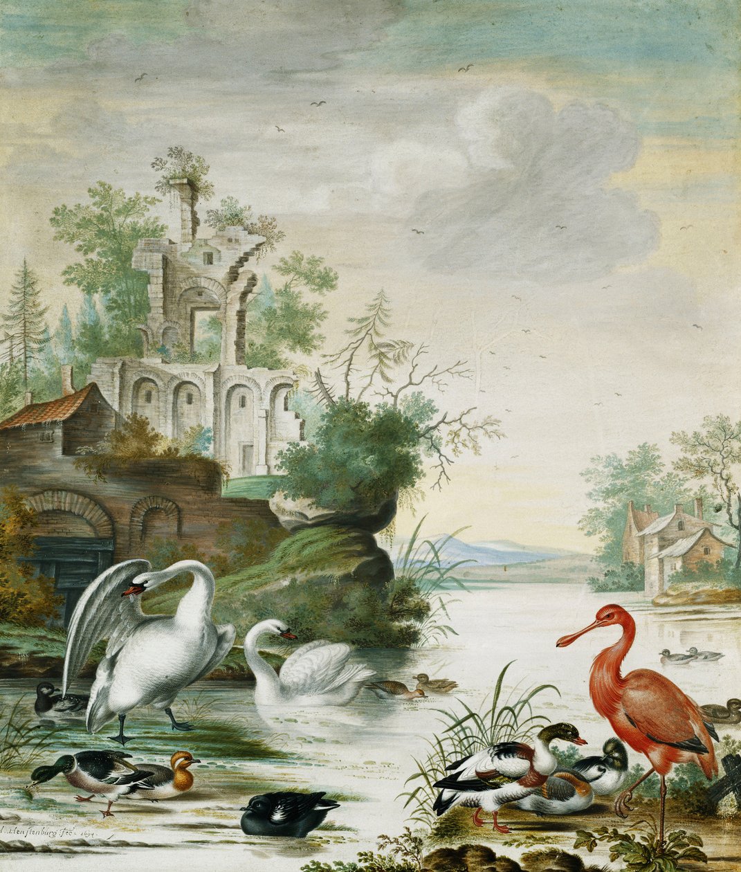 天鹅，琵鹭，野鸭，野鸭和其他鸭子在废墟下的河上，1694年 作者 赫尔曼·亨斯滕伯格