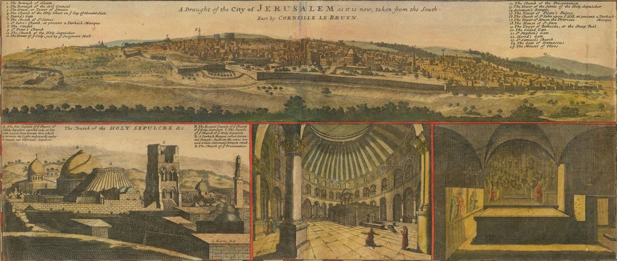 1730 年代的耶路撒冷景观，赫尔曼-莫尔绘制的地图细节 作者 赫尔曼小调