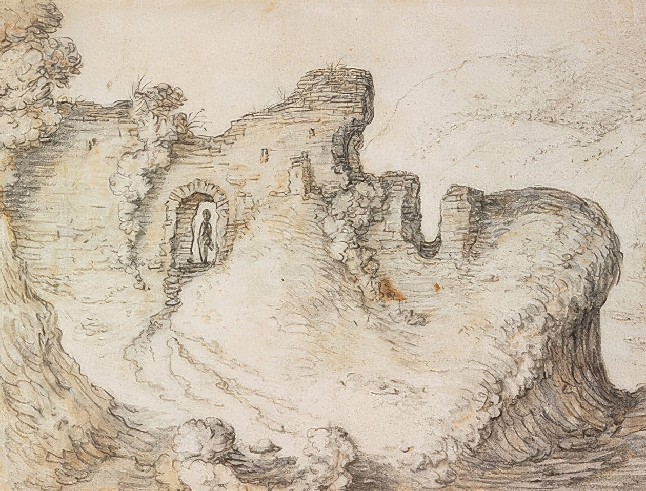与废墟的山风景。约于1650年 作者 赫尔曼·萨夫特利文