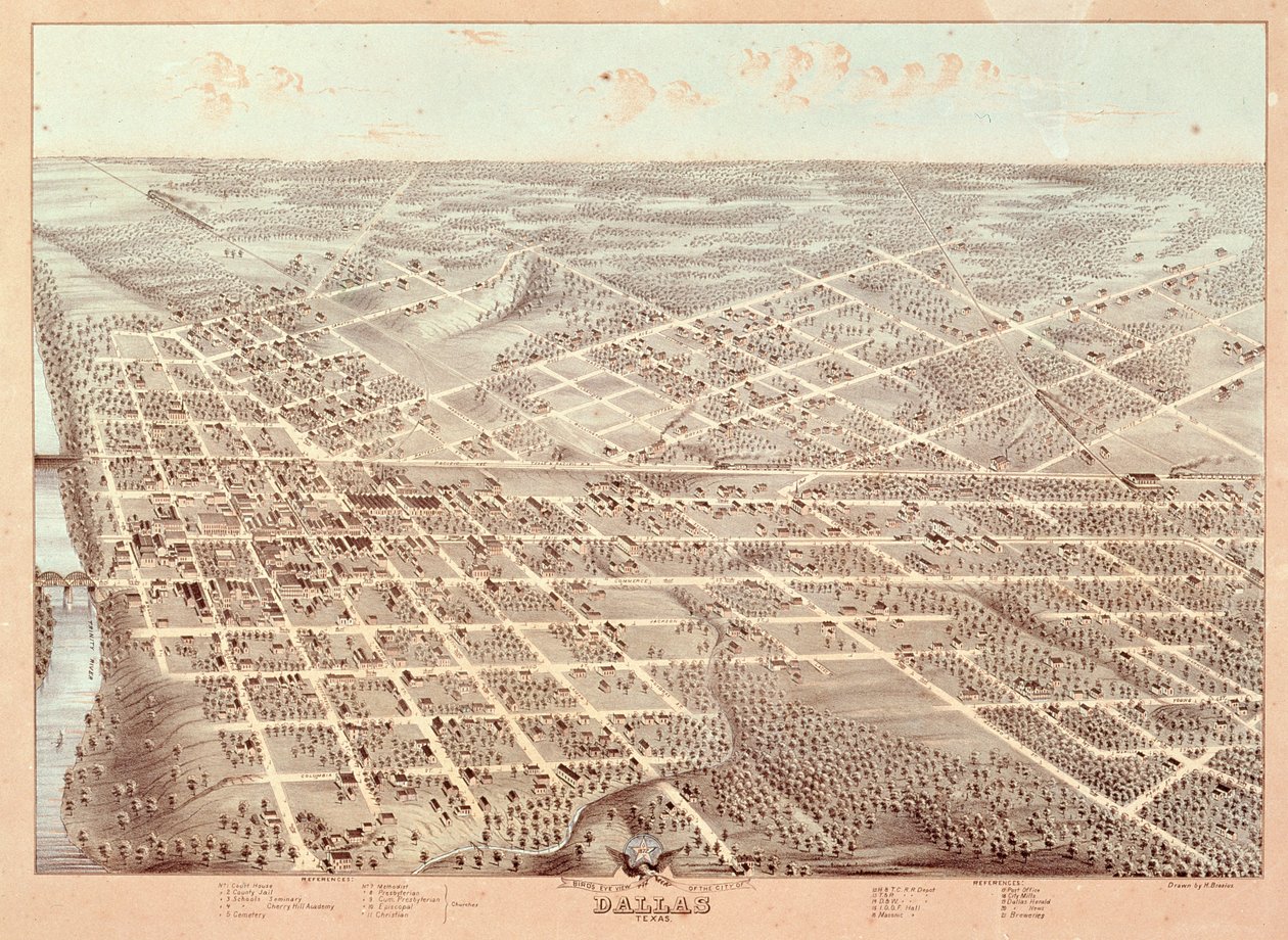 达拉斯，得克萨斯州的街道地图，1872年 作者 赫尔曼属性。到布罗修斯