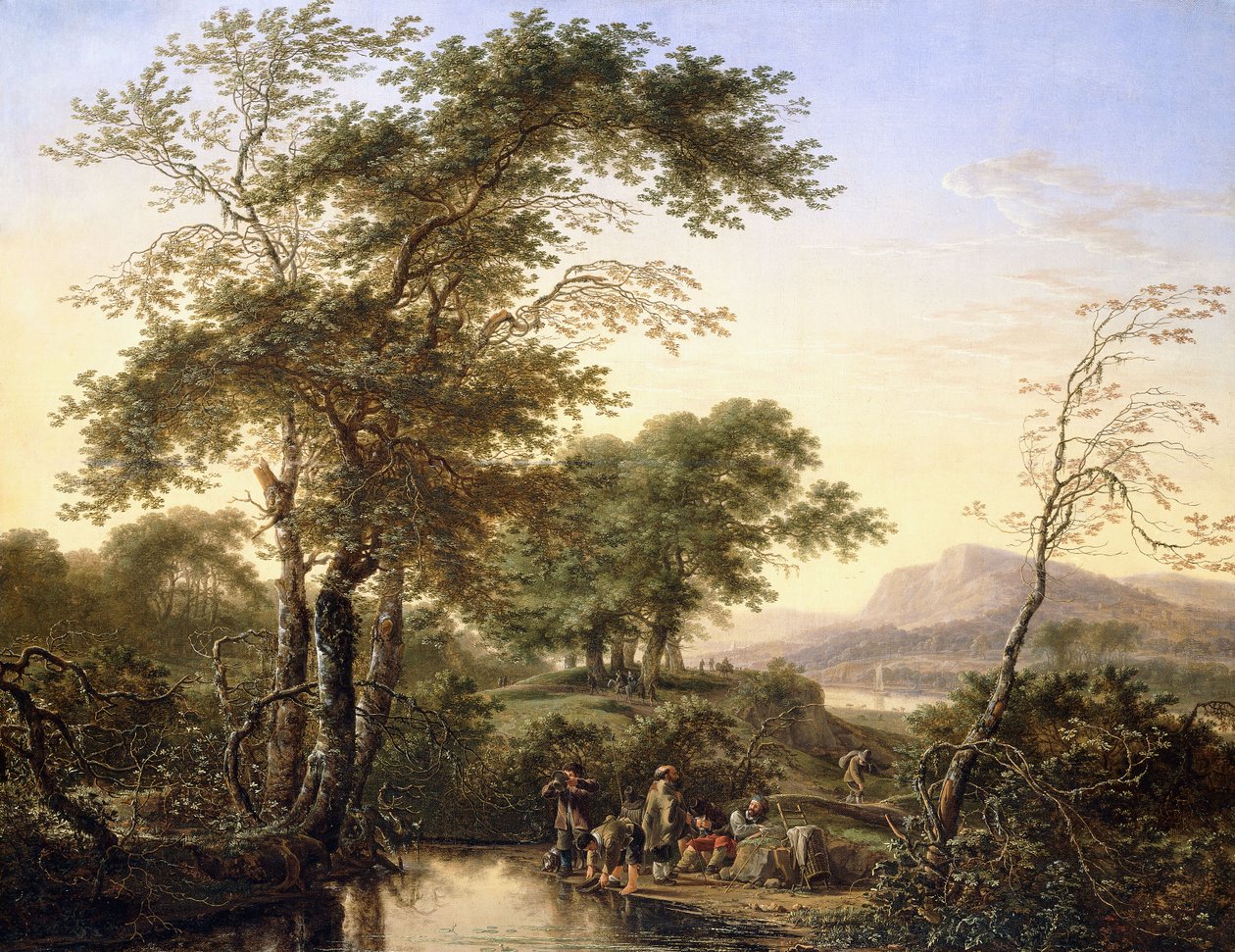 宽阔的意式河流景观，带旅客在游泳池旁，1646年 作者 小赫尔曼·萨夫特里文