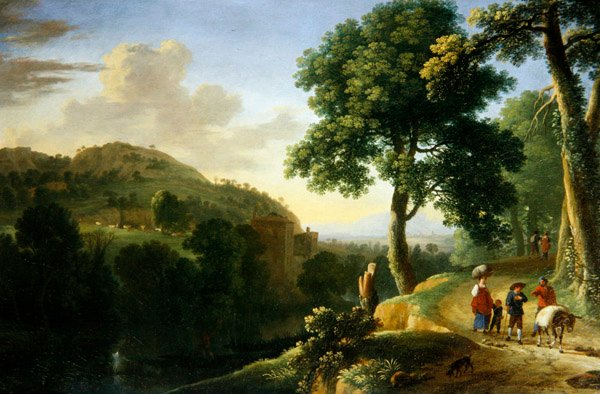 有旅行者和驴子的意大利式风景，约1640年（布面油画） 作者 赫尔曼·范·斯旺涅夫特